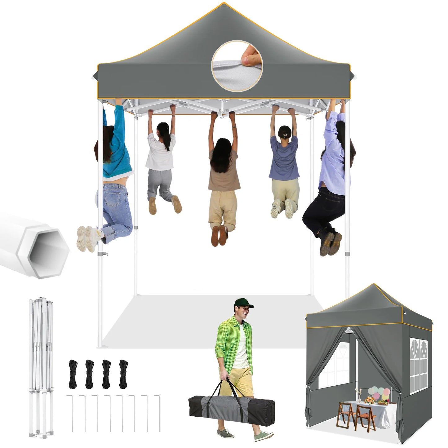 Partytent –  Pop-Up Luifel – Zonnescherm – Overkapping – Tuinpaviljoen – Waterdicht Oxford Doek – Verstelbare Hoogte - 2 x 2 Meter - Grijs