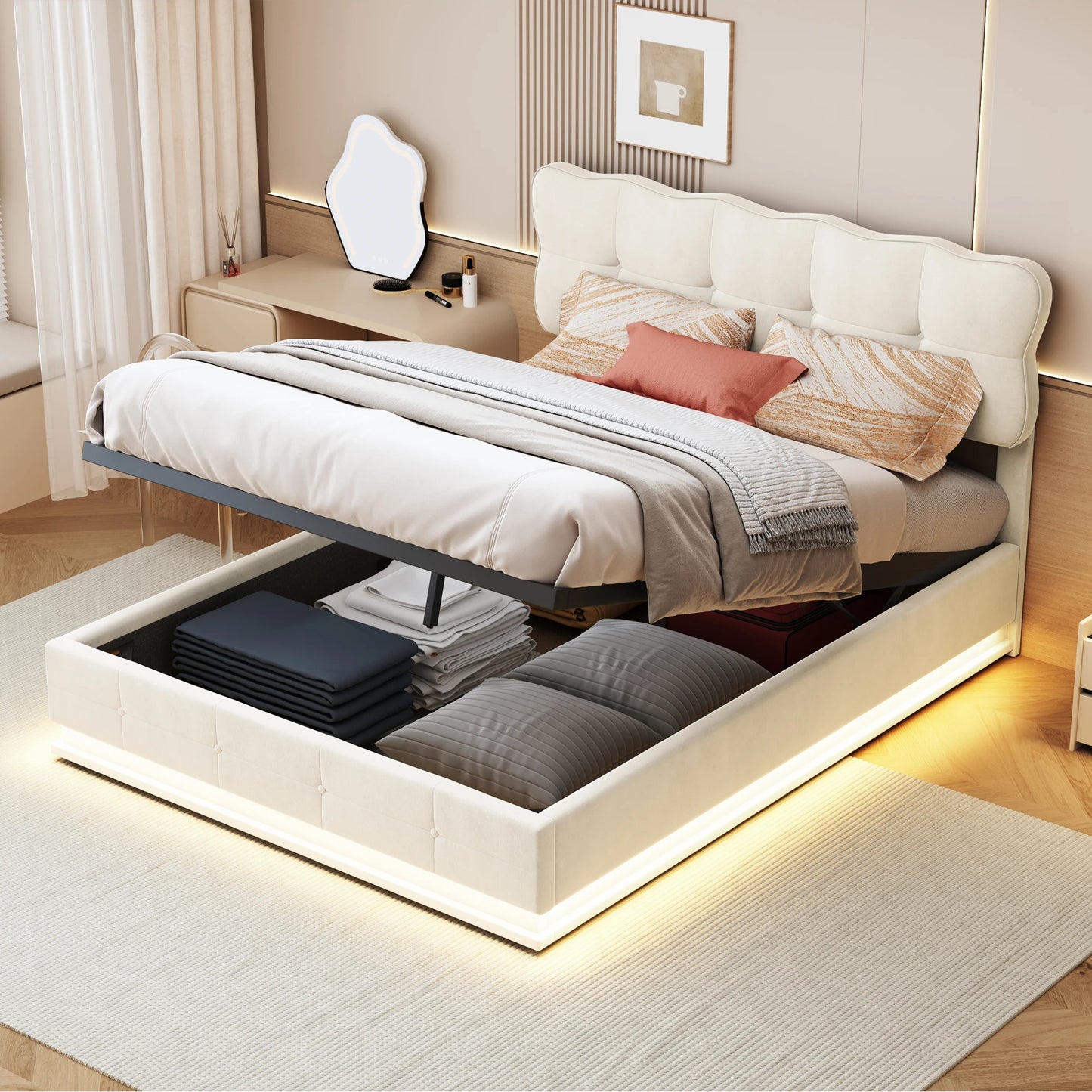 Tweepersoonsbed – Bed – Slaapbed – Opbergbed – Velvet Bed – Beige 140x200cm – Met Opbergruimte – Instelbare RGB LED-Verlichting