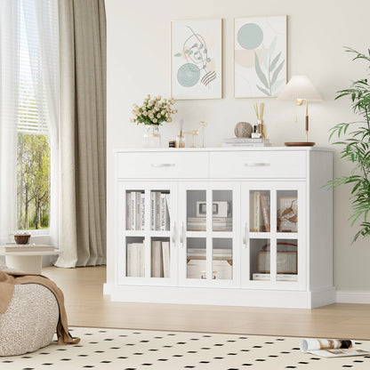 Witte Keukenkast – Buffetkast – Dressoir – Opbergkast – Kast Met Glazen Deuren – 108x38x98,5 cm – Houtpaneel En Gehard Glas