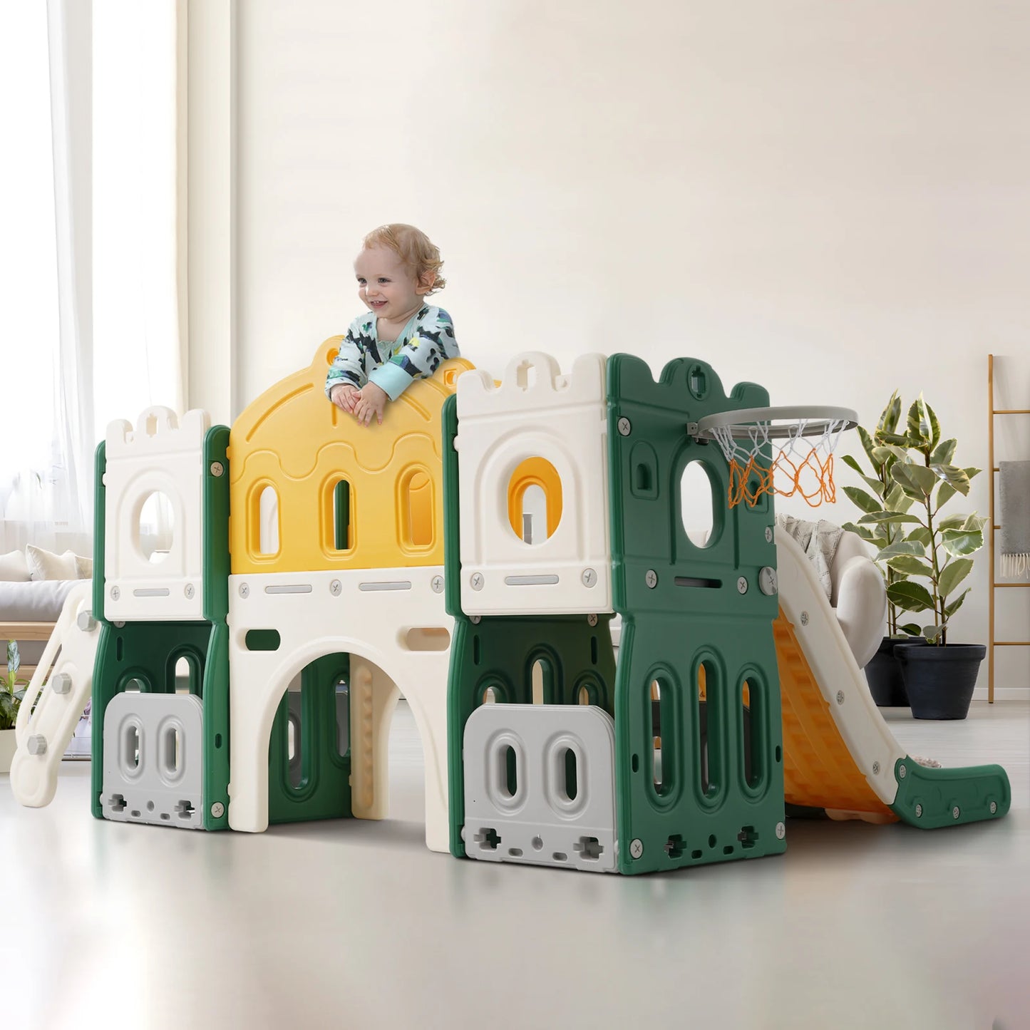 6 in 1 - Glijbaan - Kinderspeeltuin - Kinderglijbaan - Klimspeelgoed - Basketbalkraam - voor Kinderen - van 1-6 jaar - Veilige Trap - Speelplezier Gegarandeerd - voor Binnen - Buiten - Tuin - 190 x 151 x 106 cm - Geelachtig Groen
