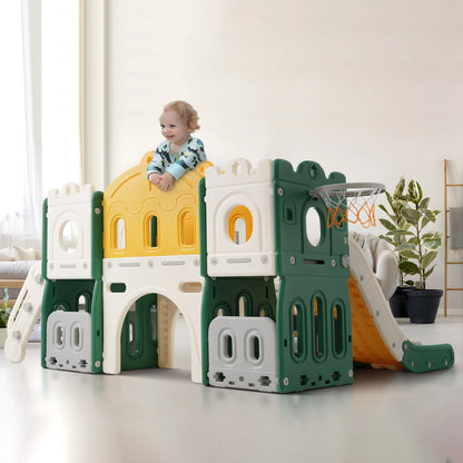 6 in 1 - Glijbaan - Kinderspeeltuin - Kinderglijbaan - Klimspeelgoed - Basketbalkraam - voor Kinderen - van 1-6 jaar - Veilige Trap - Speelplezier Gegarandeerd - voor Binnen - Buiten - Tuin - 190 x 151 x 106 cm - Geelachtig Groen