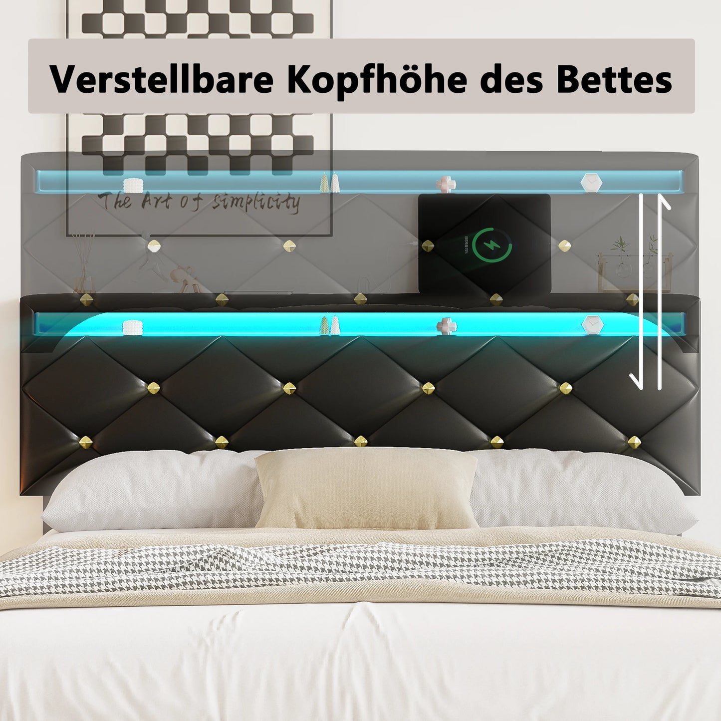 Tweepersoonsbed – Gestoffeerd Bed – 2-persoonsbed – Platformbed – Bedframe – 160x200 cm – Verstelbaar Hoofdeinde – Ingebouwde LED-verlichting