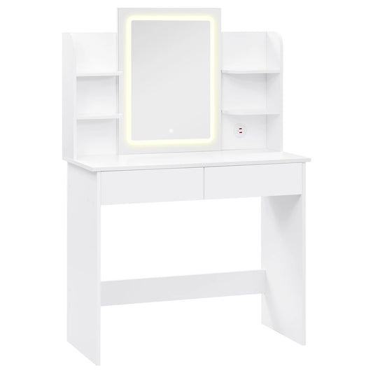 Kaptafel - Make-up Tafel - Make up Tafel met Spiegel en Lampen - Verstelbare Helderheid - 2 USB Poorten - 2 Lades - 6 Opbergplanken - 90x135x40 cm - Wit - QUORE
