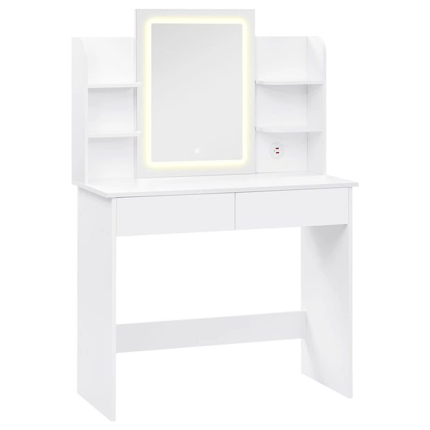 Kaptafel - Make-up Tafel - Make up Tafel met Spiegel en Lampen - Verstelbare Helderheid - 2 USB Poorten - 2 Lades - 6 Opbergplanken - 90x135x40 cm - Wit