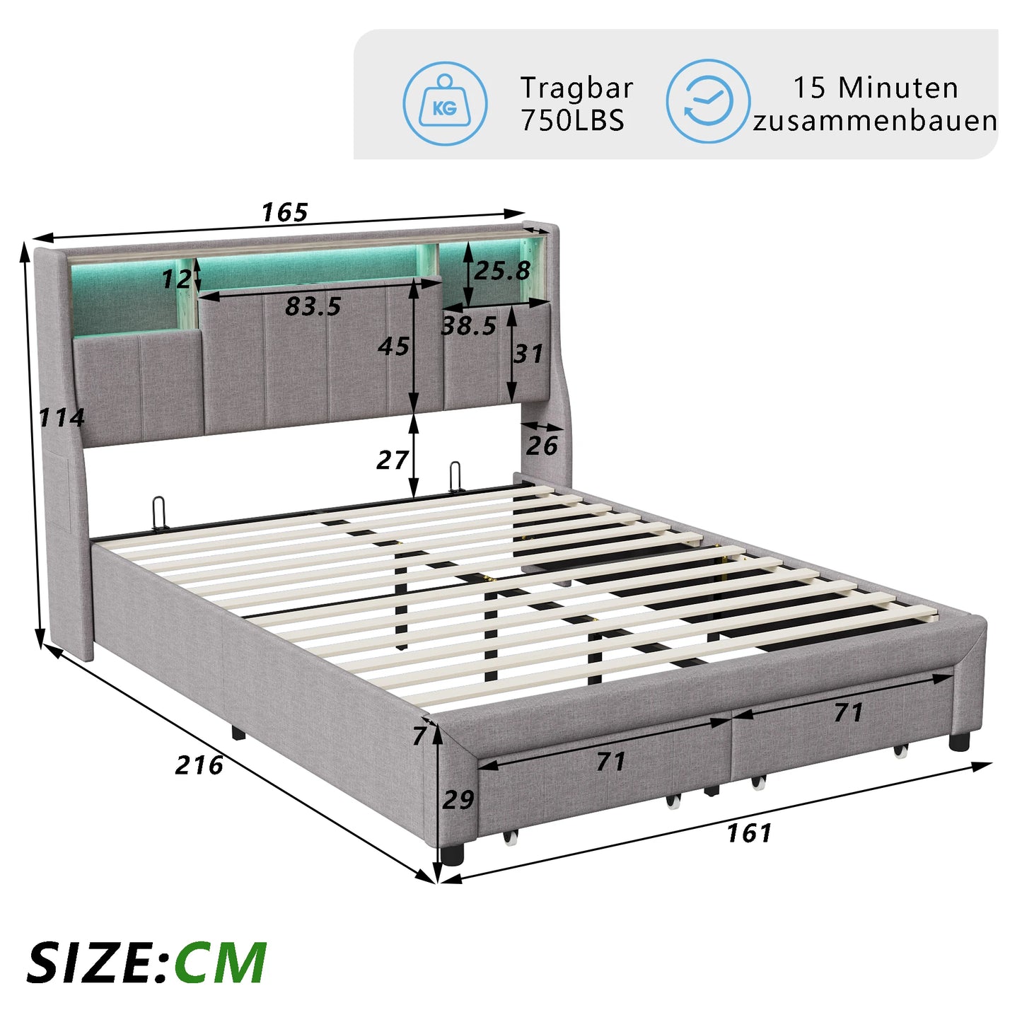 Gestoffeerd Tweepersoonsbed – Bedframe – Slaapbank – Opbergbed – Ledikant – 160x200 cm – Linnenstof Grijs – Met LED-verlichting en USB-poort – Inclusief 2 Opbergladen