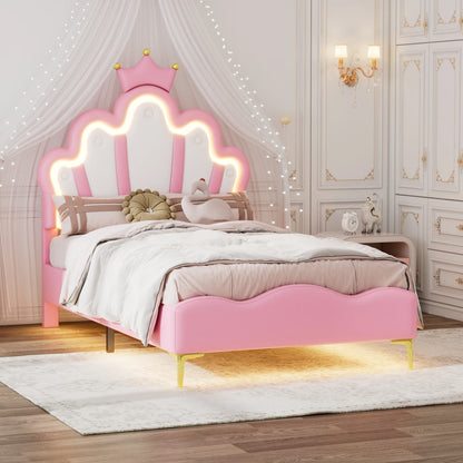 Kinderbed – Eenpersoonsbed – Led Bed – Prinsessenbed – Kinderkamerbed – 90x200 cm – PU Kunstleer Bekleding – Kleurveranderende LED Verlichting - QUORE