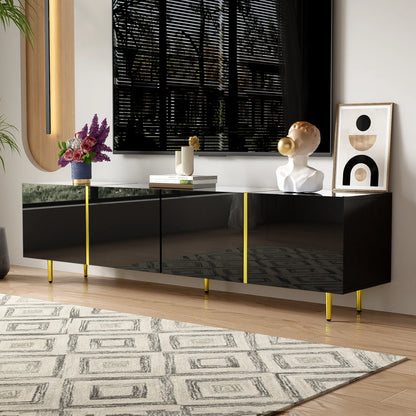 TV-kast – Mediameubel – TV-meubel – TV-dressoir – Zwarte TV-kast – Hoogglans Zwart Met Gouden Accenten – 4 Deuren Met Soft-Close Scharnieren
