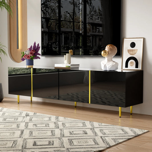TV-kast – Mediameubel – TV-meubel – TV-dressoir – Zwarte TV-kast – Hoogglans Zwart Met Gouden Accenten – 4 Deuren Met Soft-Close Scharnieren