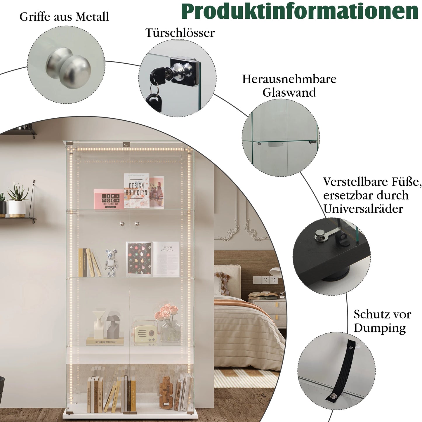 Glazen Vitrinekast – Displaykast – Vitrinekast Met Deuren – Opbergkast – Collectiekast – Wit Gelakt Hout Met LED-Verlichting – Veilig Slot - QUORE