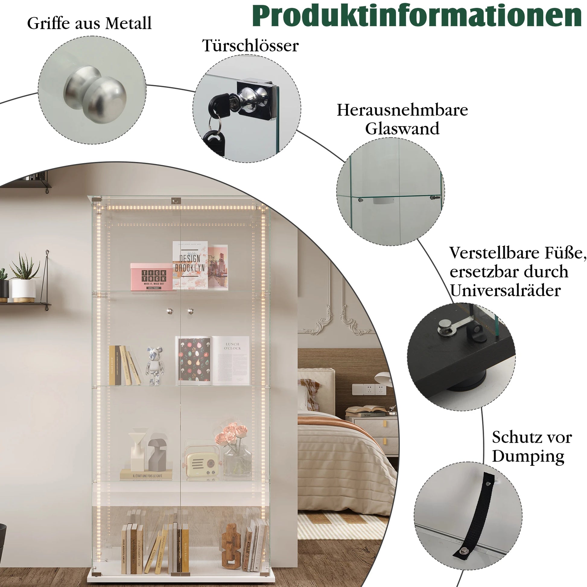 Glazen Vitrinekast – Displaykast – Vitrinekast Met Deuren – Opbergkast – Collectiekast – Wit Gelakt Hout Met LED-Verlichting – Veilig Slot - QUORE