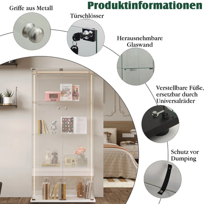 Glazen Vitrinekast – Displaykast – Vitrinekast Met Deuren – Opbergkast – Collectiekast – Wit Gelakt Hout Met LED-Verlichting – Veilig Slot - QUORE