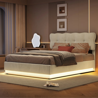 Tweepersoonsbed – Gestoffeerd Bed – Opbergbed – LED Bed – Hydraulisch Bed – 160 x 200 cm – Beige Velvet – Met Dimbare LED-Verlichting en Grote Opbergruimte