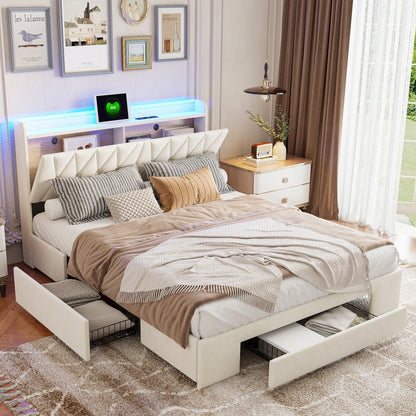 Tweepersoonsbed – Bed – Slaapbank – Boxspring – Bedlade – 160x200 cm – Velvet Bekleding – Ingebouwde LED Verlichting met USB Type-C Oplaadpoorten