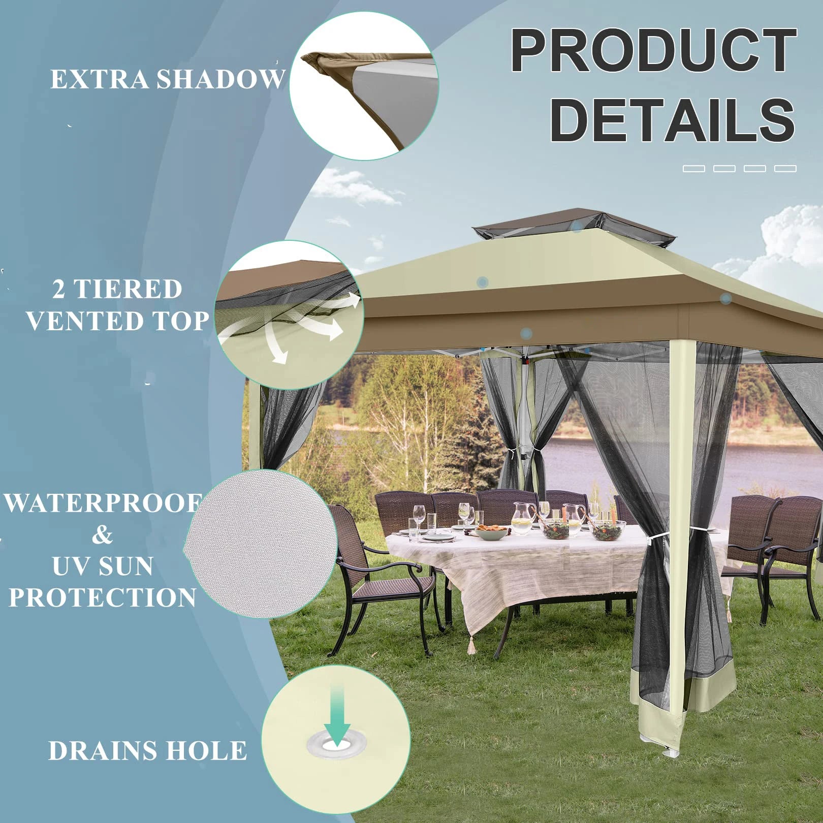 Paviljoen – Tuinpaviljoen – Partytent – Overkapping – Schaduwdoek – Waterafstotend – UV-Bescherming - 3 x3 Meter - Bruin - QUORE