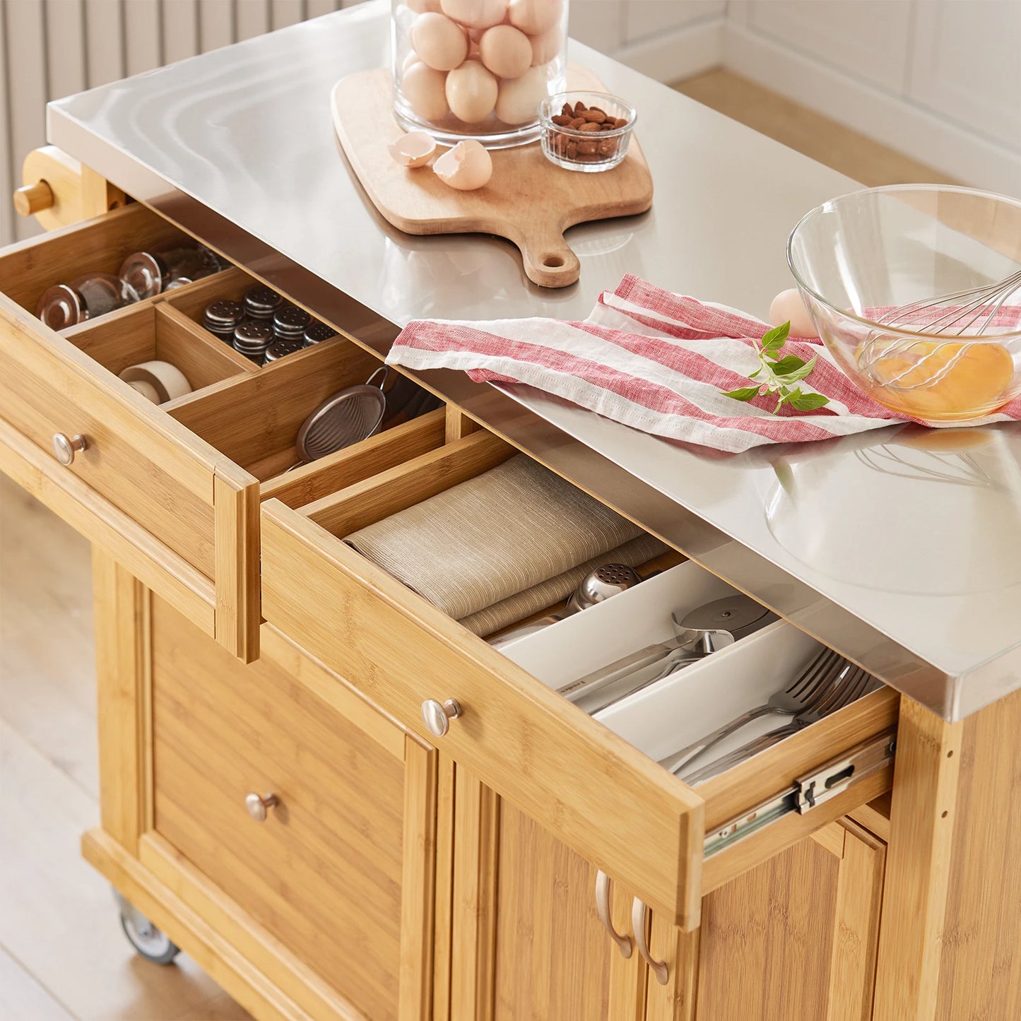 Keukeneiland – Keukentrolley – Serveerwagen – Keukenkast – Buffetkast – Natuurvariant – Bamboe Frame – RVS Werkblad – 115x92x46 cm