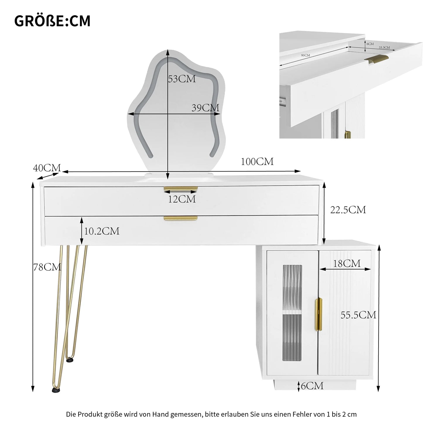 Make-uptafel – Kaptafel – Kosmetische tafel – Make-up dressing – Witte dressing table – LED-spiegel met 3 lichtstanden – Grote lades en flexibel ontwerp