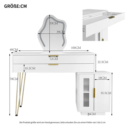 Make-uptafel – Kaptafel – Kosmetische tafel – Make-up dressing – Witte dressing table – LED-spiegel met 3 lichtstanden – Grote lades en flexibel ontwerp