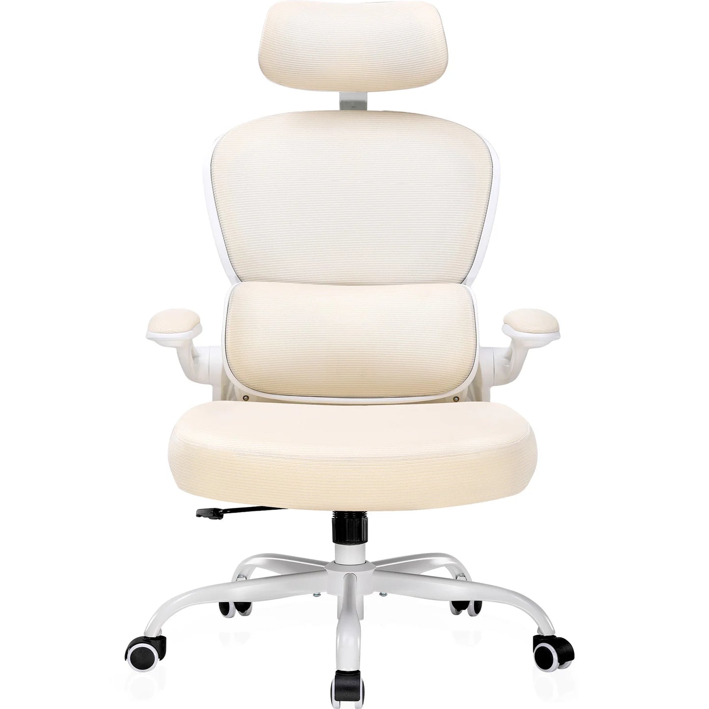 Bureaustoel – Office Chair – Gamingstoel – Werkstoel – Computerstoel – Ergonomische 3D Hoofdsteun – Verstelbare Lendensteun – Inklapbare Armleuningen – Jas- en Tashaak – Beige Mesh