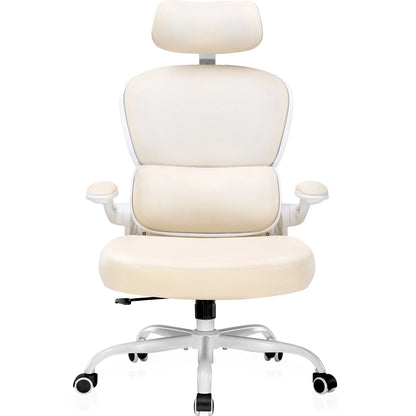 Bureaustoel – Office Chair – Gamingstoel – Werkstoel – Computerstoel – Ergonomische 3D Hoofdsteun – Verstelbare Lendensteun – Inklapbare Armleuningen – Jas- en Tashaak – Beige Mesh