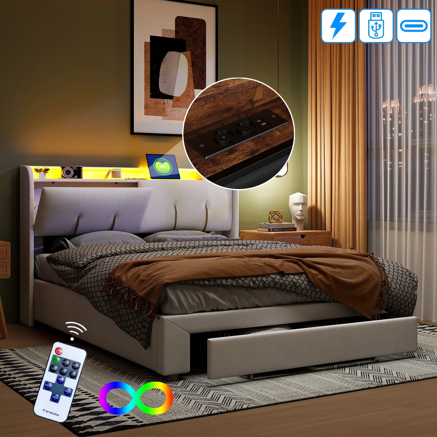 Tweepersoonsbed – Bedframe – Opbergbed – Slaapbank – Boxspring – 160x200 cm – Met LED-verlichting en USB-oplaadpunt – Grijs Fluwelen Hoofdeinde