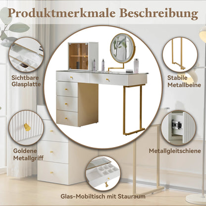 Make-uptafel – Kaptafel – Schminktisch – Visagie tafel – Make-up bureau – Wit – LED-verlichting met 3 lichtkleuren – Robuust metalen frame en glanzend glazen blad