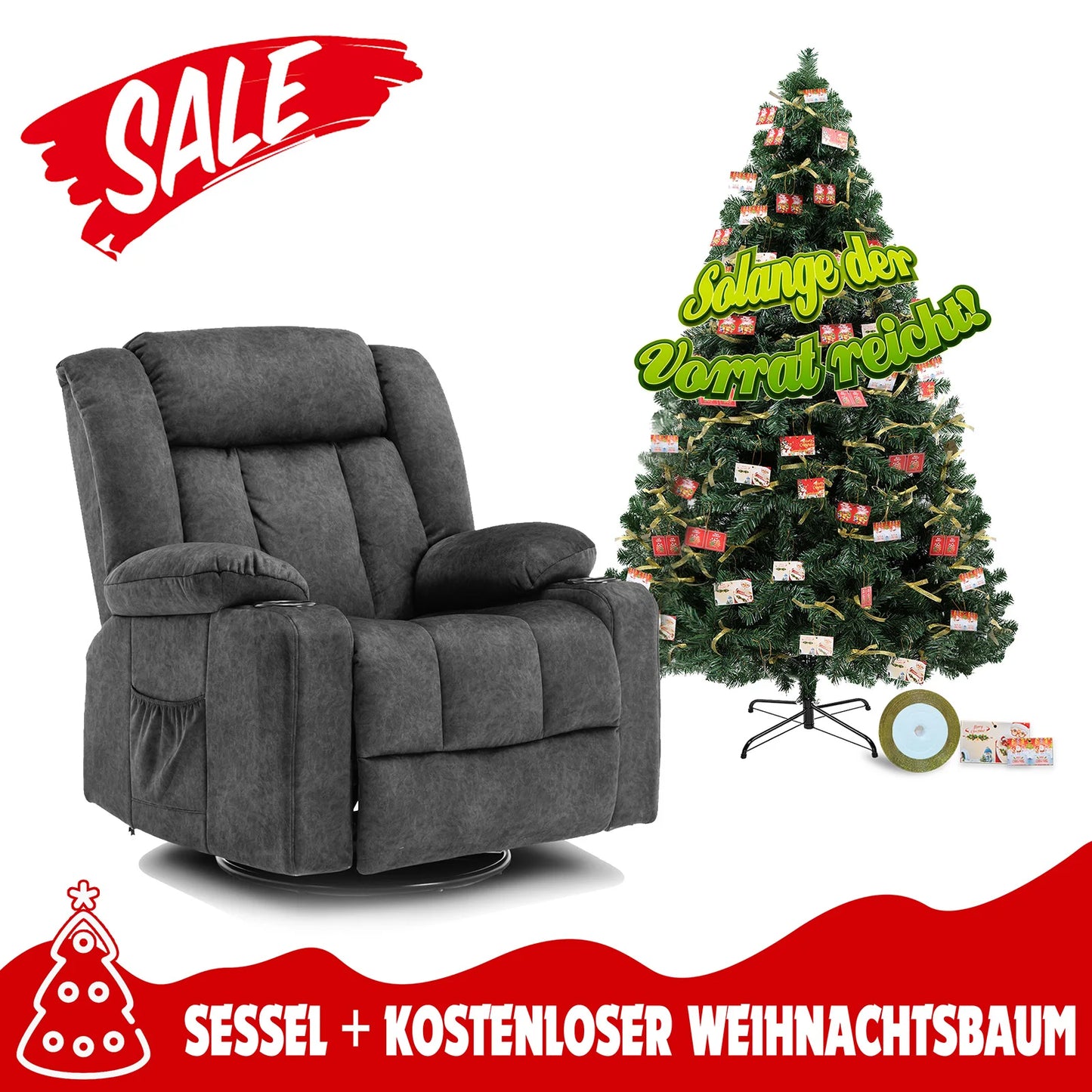 Relaxfauteuil – Relaxstoel – Fauteuil – TV Stoel – Lounge Stoel – Verstelbaar – Inclusief Kunstkerstboom 1148-GY + H-CT003 – Ergonomisch Schuim – Stabiele Metalen Standaard