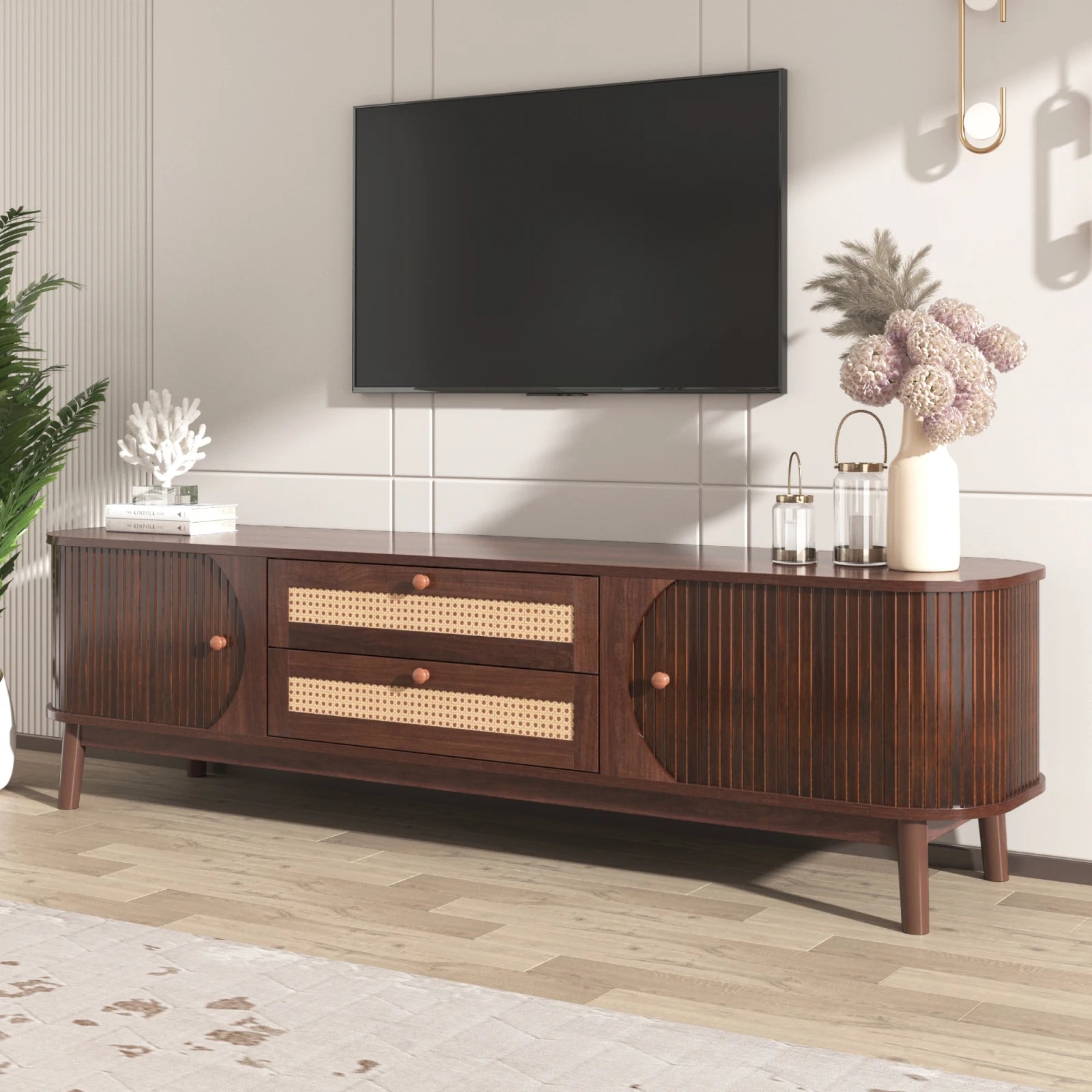 Tv-kast – TV Meubel – TV Dressoir – Livingroom Furniture – TV Standaard – Massief Hout – Handgevlochten Rieten Lades - QUORE
