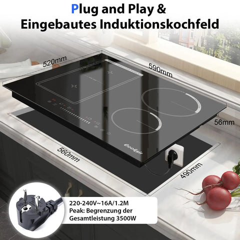 Inductie kookplaat - Induction Hob - Induction Cook Top - Inductie Fornuis - Elektrische Brander - 4 Platen met Stekker - Inbouw 59 cm - 500 W - Combinatiezone voor Grill - Slider Touch Control - 220 V - 50 Hz - Zwart