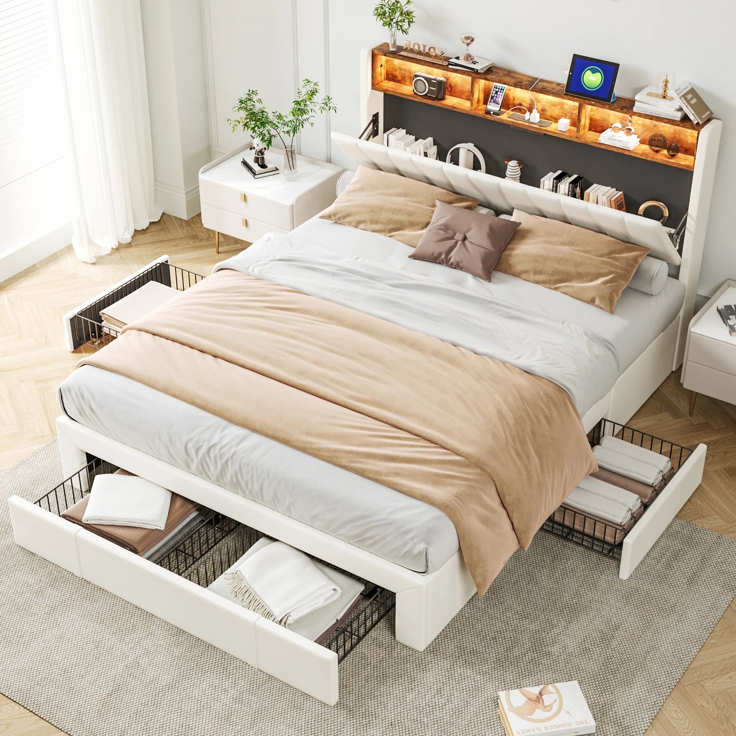 Bedombouw – Gestoffeerd Bed – Tweepersoonsbed – Opbergbed – Ledikant – 160x200 cm – Met LED-verlichting en USB Type-C Poorten