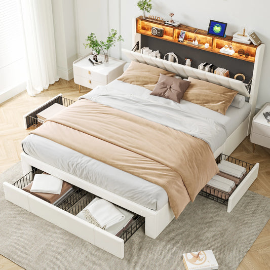 Bedombouw – Gestoffeerd Bed – Tweepersoonsbed – Opbergbed – Ledikant – 160x200 cm – Met LED-verlichting en USB Type-C Poorten