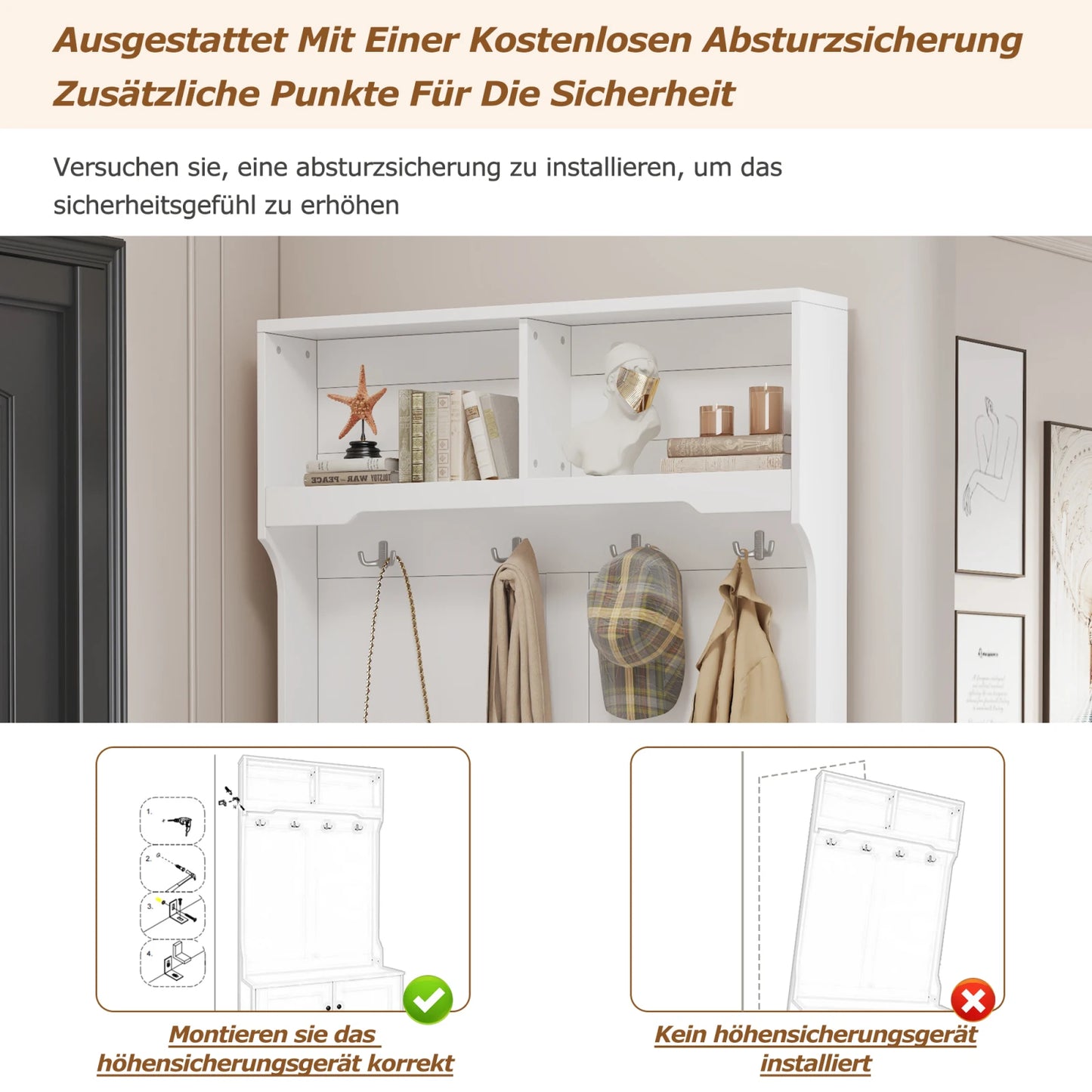 Kapstok – Wandkapstok – Jashanger – Halrek – Entree Meubel – Wit Hout & Metaal – 4 Haken met 2 Open Opbergvakken