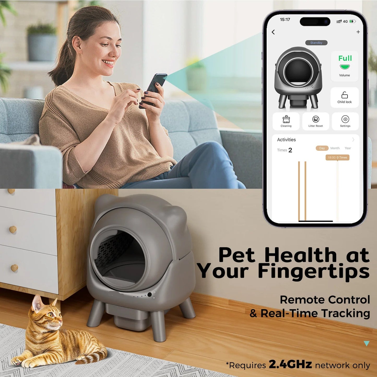 Automatische Kattenbak – Zelfreinigende Kattenbak – Slimme Kattenbak – App-Kattenbak – 60 Liter Inhoud – Geurfilter – Stil Onder 32dB - Grijs