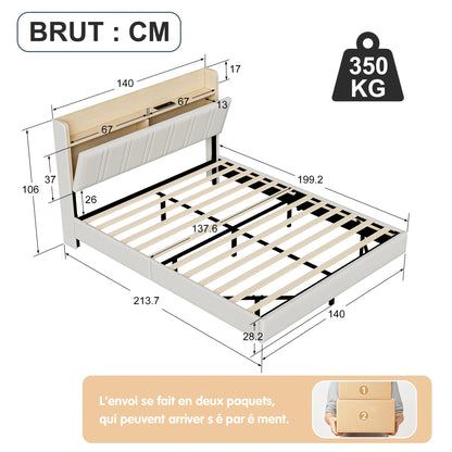 Led bed – Gestoffeerd bed – Opbergbed – Tweepersoonsbed – Bedframe – 140x200 cm – Zwevend ontwerp met LED verlichting – USB oplaadstation geïntegreerd