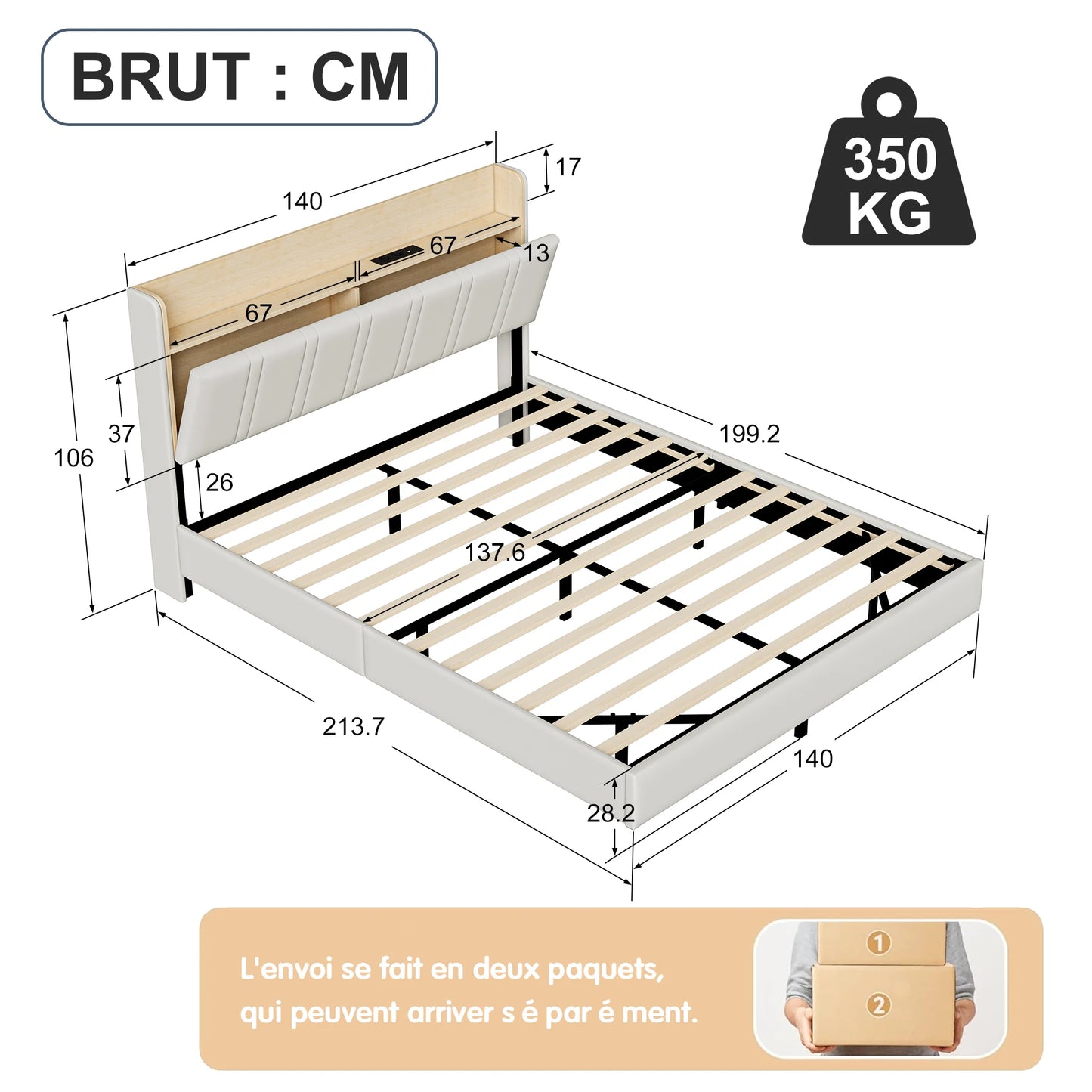 Bedframe 160x200 cm – Dubbel Bed – Ledikant – Slaapkamerset – Staanders Vrij – Met RGB LED Verlichting – Inclusief USB Oplaadstation