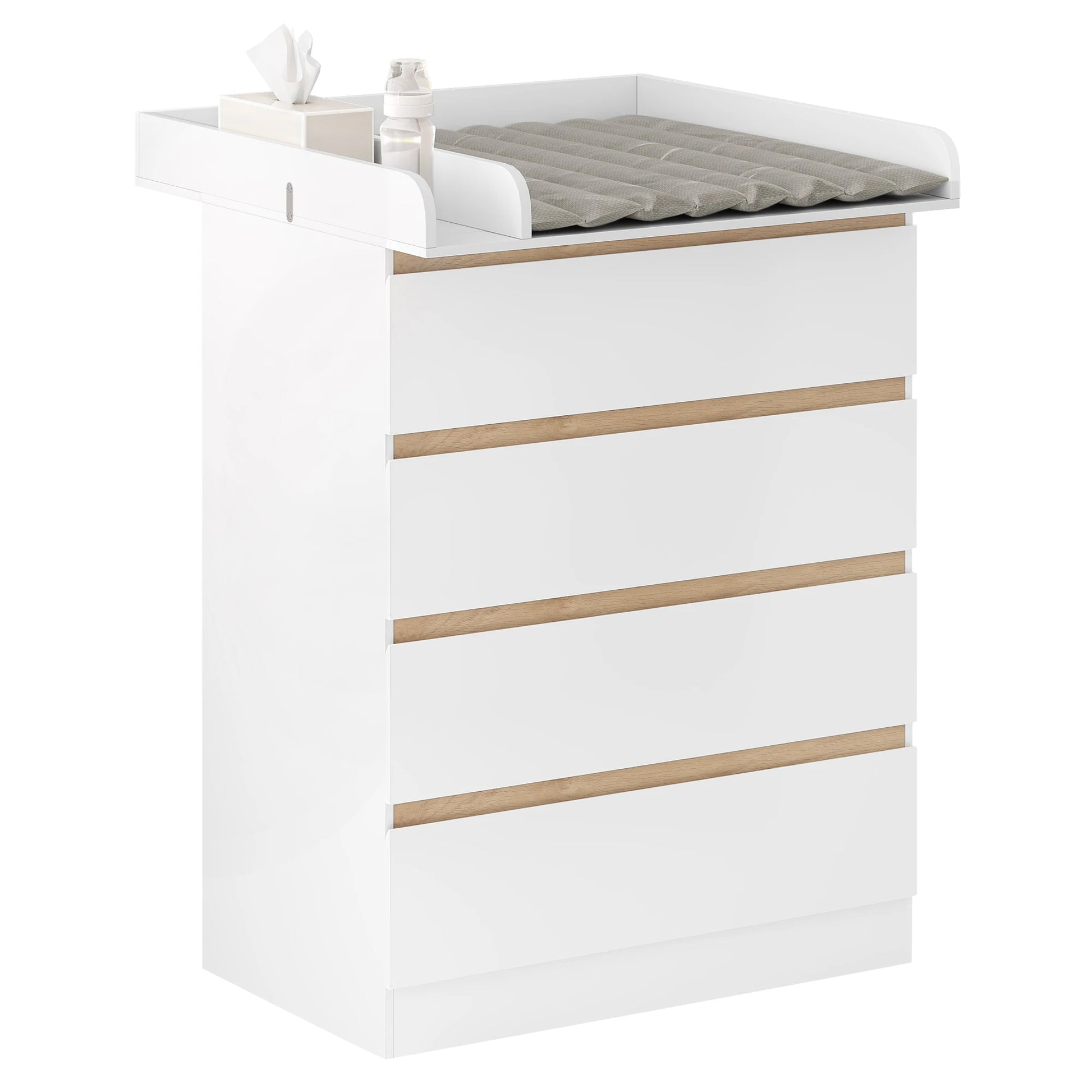 Ladekast - Commode - Opbergkast - met Verwijderbare Verschoontafel – 4 Grote Lades – 80x75x109,2 cm – Babykast voor Kinderkamer - Wit - QUORE
