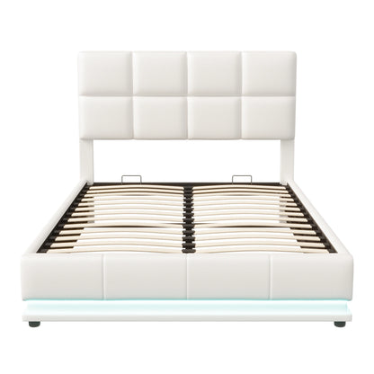 Tweepersoonsbed – Led Bed – Opbergbed – Modern Bed – Wit Gestoffeerd – 140x200 cm – Verstelbaar Hoofdbord – Hydraulische Opbergruimte