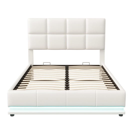 Tweepersoonsbed – Led Bed – Opbergbed – Modern Bed – Wit Gestoffeerd – 140x200 cm – Verstelbaar Hoofdbord – Hydraulische Opbergruimte