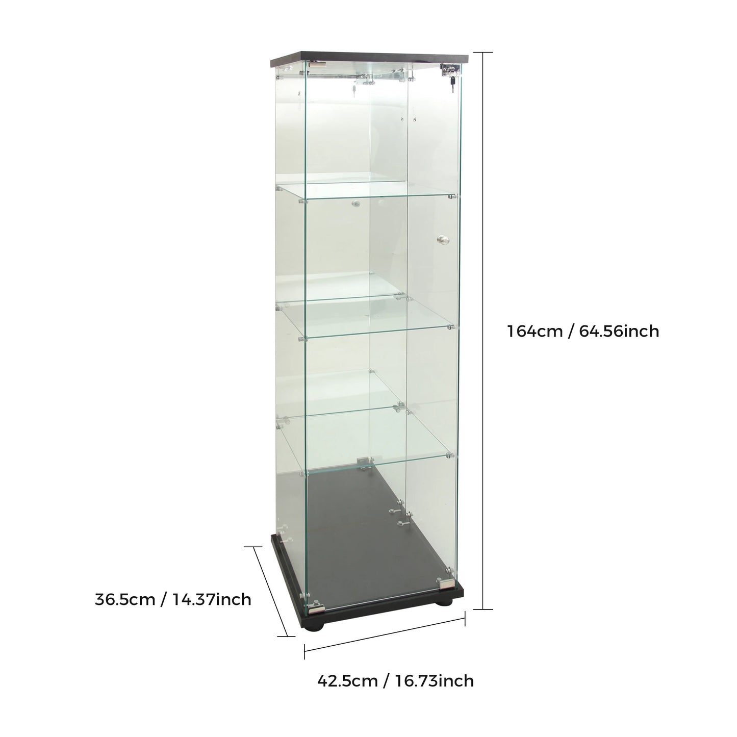 Glazen Vitrinekast – Vitrine – Displaykast – Collectiekast – Woonkamerkast – Zwarte Enkele Deur – LED-verlichting – Spiegelachterwand - QUORE