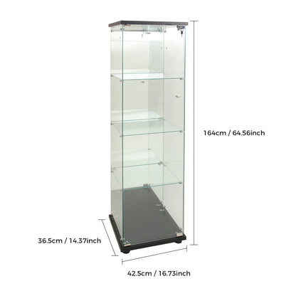 Glazen Vitrinekast – Vitrine – Displaykast – Collectiekast – Woonkamerkast – Zwarte Enkele Deur – LED-verlichting – Spiegelachterwand - QUORE