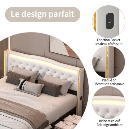 Tweepersoonsbed – Bed – Ledikant – Slaapbank – Opbergbed – 140x200 cm – Kunstleer Wit – LED-verlicht Hoofdbord – Vier Opberglades