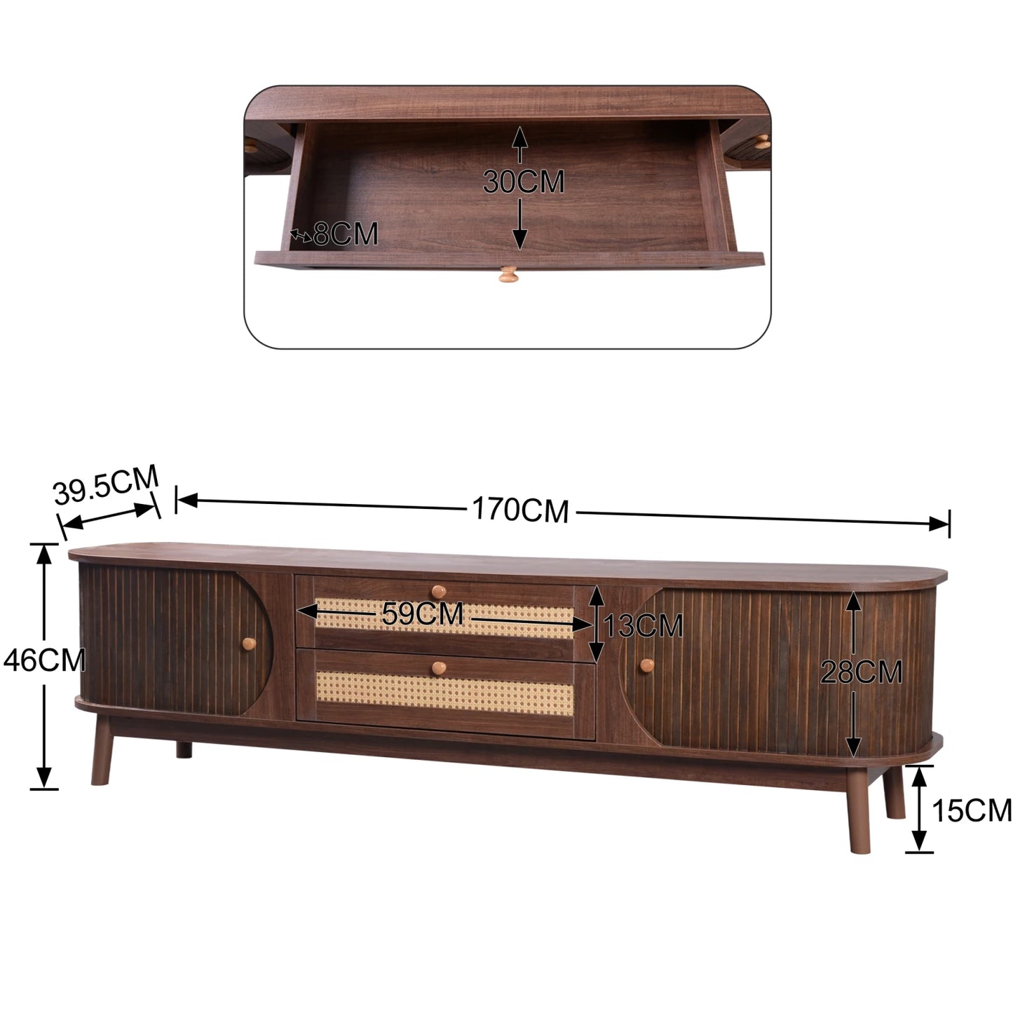TV-kast – Tv-meubel – Tv-dressoir – Mediameubel – Tv-ombouw – Beige – Massief Hout Met Handgevlochten Rattan – Ruime Opbergruimte Met Schuifdeuren