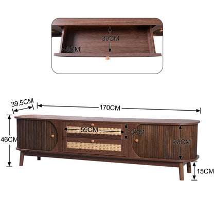 TV-kast – Tv-meubel – Tv-dressoir – Mediameubel – Tv-ombouw – Beige – Massief Hout Met Handgevlochten Rattan – Ruime Opbergruimte Met Schuifdeuren