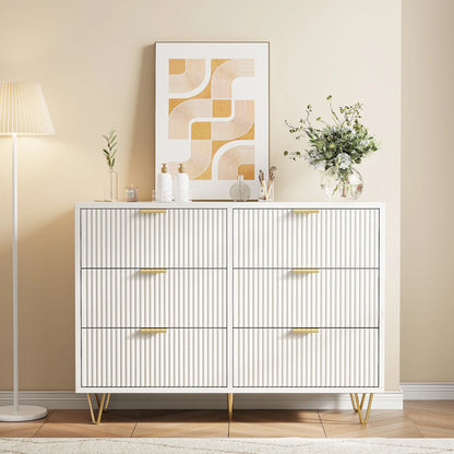 Ladenkast – Dressoir – Opbergkast – Kast – Commode – Wit – 6 Lades – Duurzaam Hout – Met Goudkleurige Handgrepen