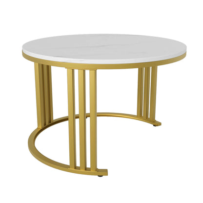Salontafel - Set Van 2 Bijzettafels – Opbergtafel – Nachtkastje – Moderne Tafels – Marmerpatroon – Gouden Frame - Wit