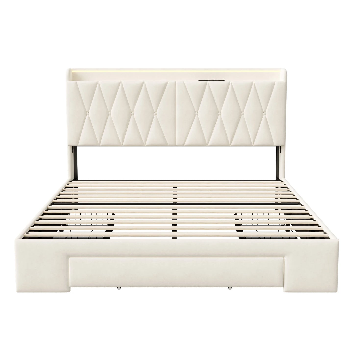 Bedkastenbed – Opbergbed – Tweepersoonsbed – Gestoffeerd Bed – Bedframe – 160x200 cm – USB Opladen – 3 Lades Met Wieltjes