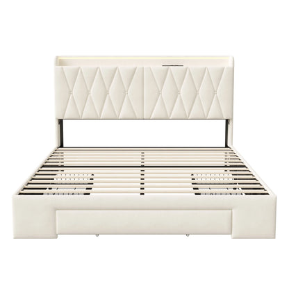 Bedkastenbed – Opbergbed – Tweepersoonsbed – Gestoffeerd Bed – Bedframe – 160x200 cm – USB Opladen – 3 Lades Met Wieltjes