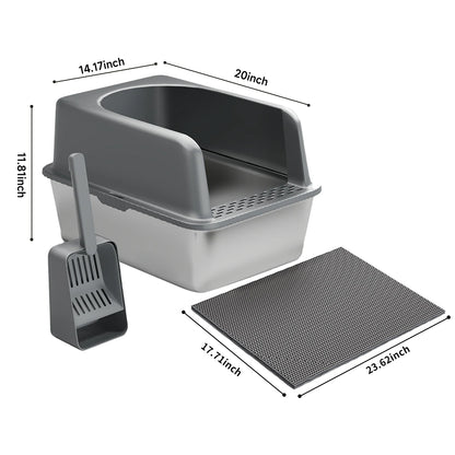 RVS Kattenbak - Kattentoilet Roestvrijstaal - Kattenbak - Open kattenbak - Geurvrij - met Kattenbakschep en Zandpad - 51x36x30cm - voor Katten - Grijs