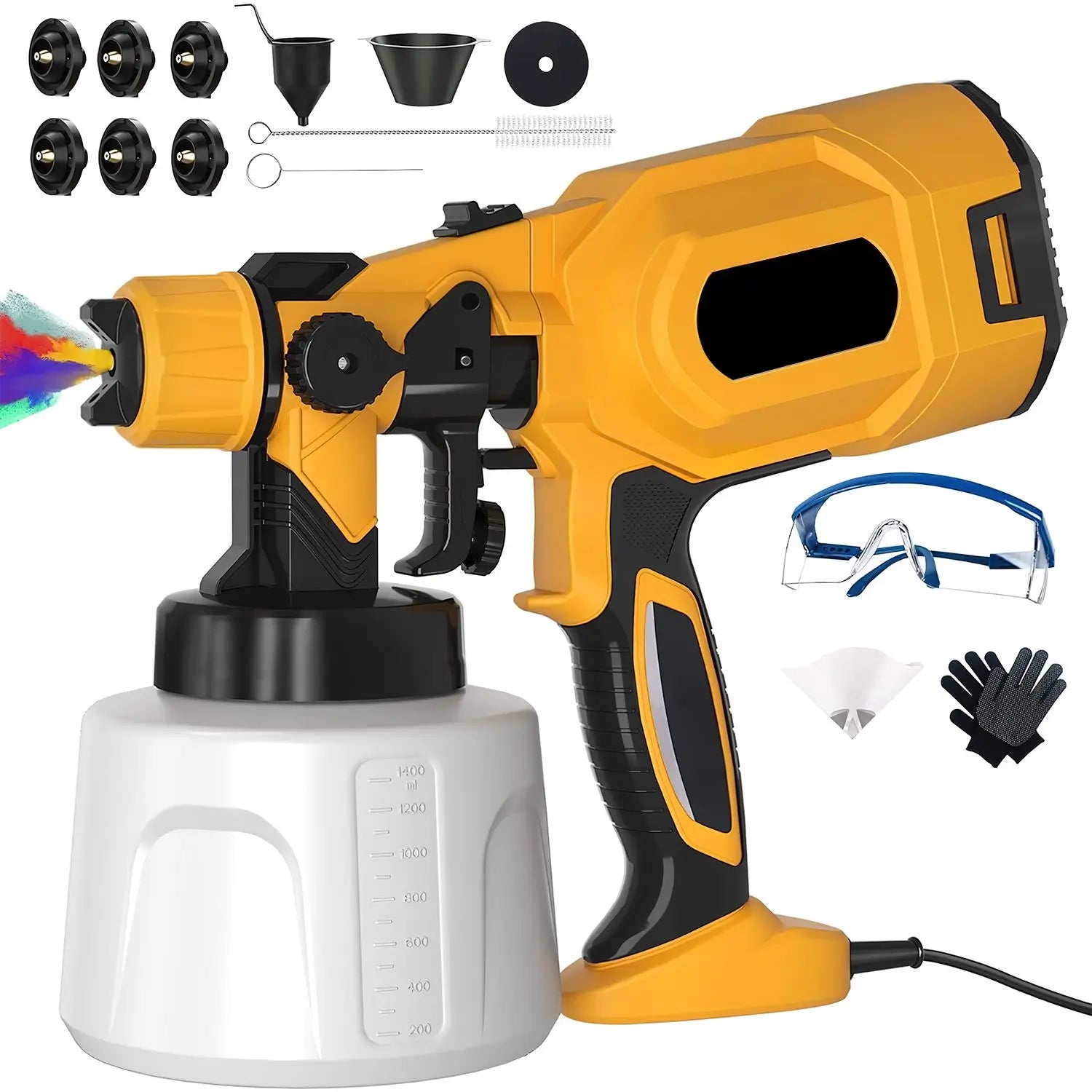 Elektrische Verfspuit - Professioneel Spuitpistool - Met 1400ml Tank - 4 Verstuivers & 3 Spuitpatronen -Makkelijk Schoonmaken - Draagbaar voor Meubels - Hekken -  6 Nozzle - Geel - QUORE