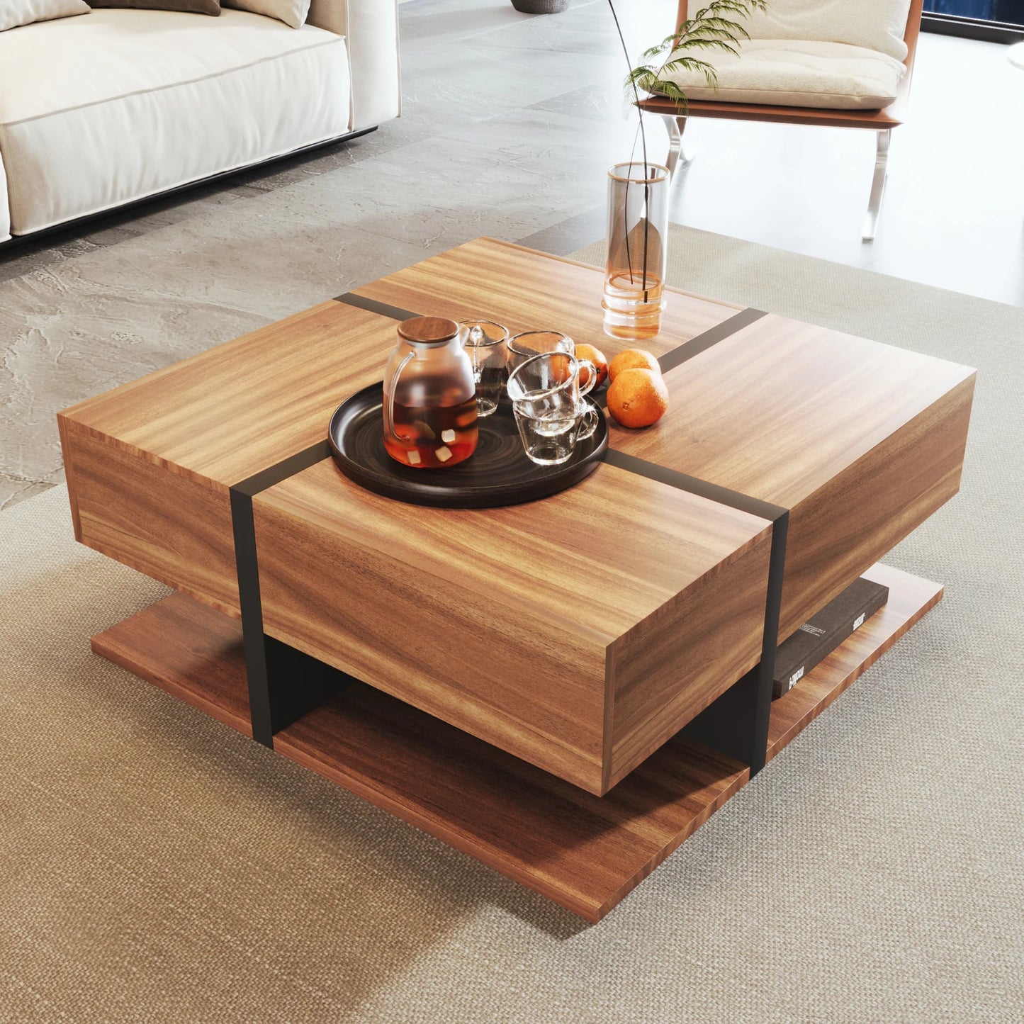 Salontafel – Koffietafel – Opbergtafel – Woonkamertafel – Houten Tafel – 78x78x36 Cm – Vier Lades - Bruin