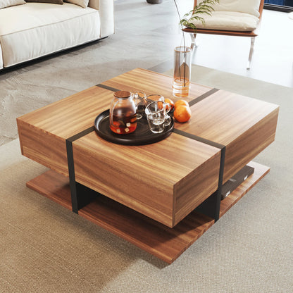 Salontafel – Koffietafel – Opbergtafel – Woonkamertafel – Houten Tafel – 78x78x36 Cm – Vier Lades - Bruin